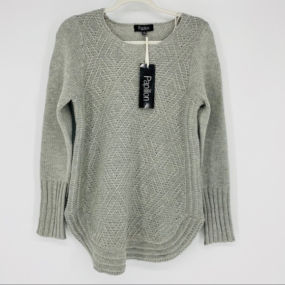 NEW Papillon Crochet Rounded Hem Cozy Knit Sweater Grey M - Picture 3 of 7